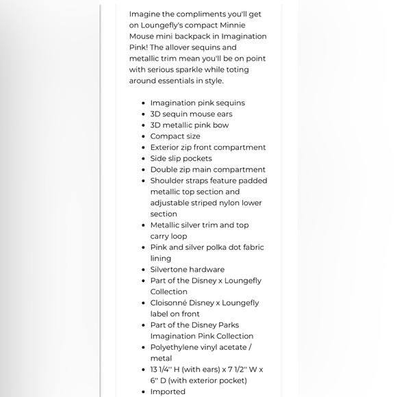 NWOT Loungefly Disney Adorable Sequined Magenta Pink Minnie Mouse Mini Backpack - Picture 16 of 16